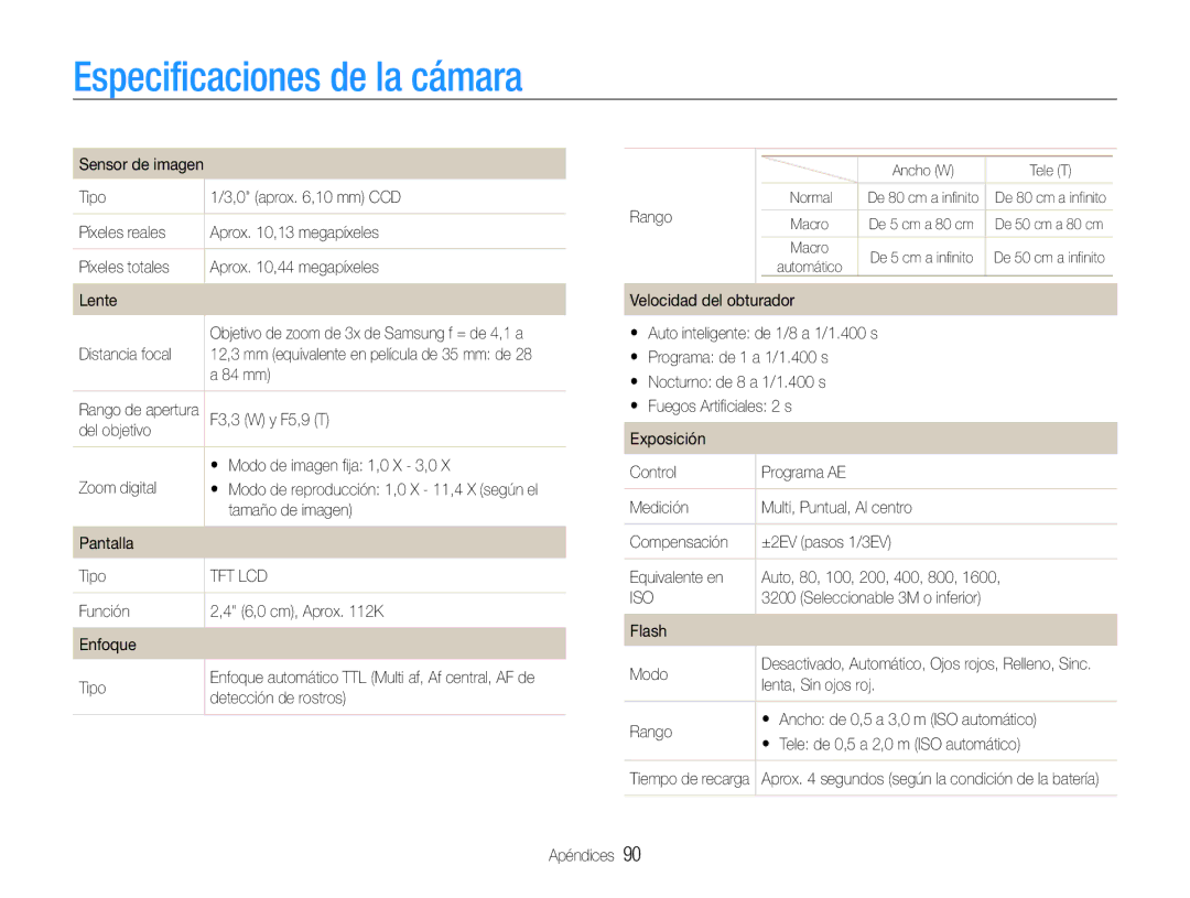 Samsung EC-ST30ZZBPBE1, EC-ST30ZZBPEE1, EC-ST30ZZBPPE1, EC-ST30ZZBPLE1 manual Especificaciones de la cámara 