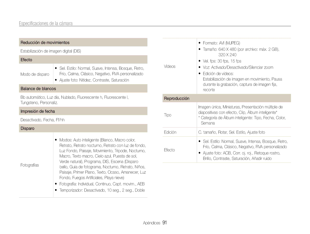 Samsung EC-ST30ZZBPEE1, EC-ST30ZZBPPE1, EC-ST30ZZBPLE1, EC-ST30ZZBPBE1 manual Especificaciones de la cámara 