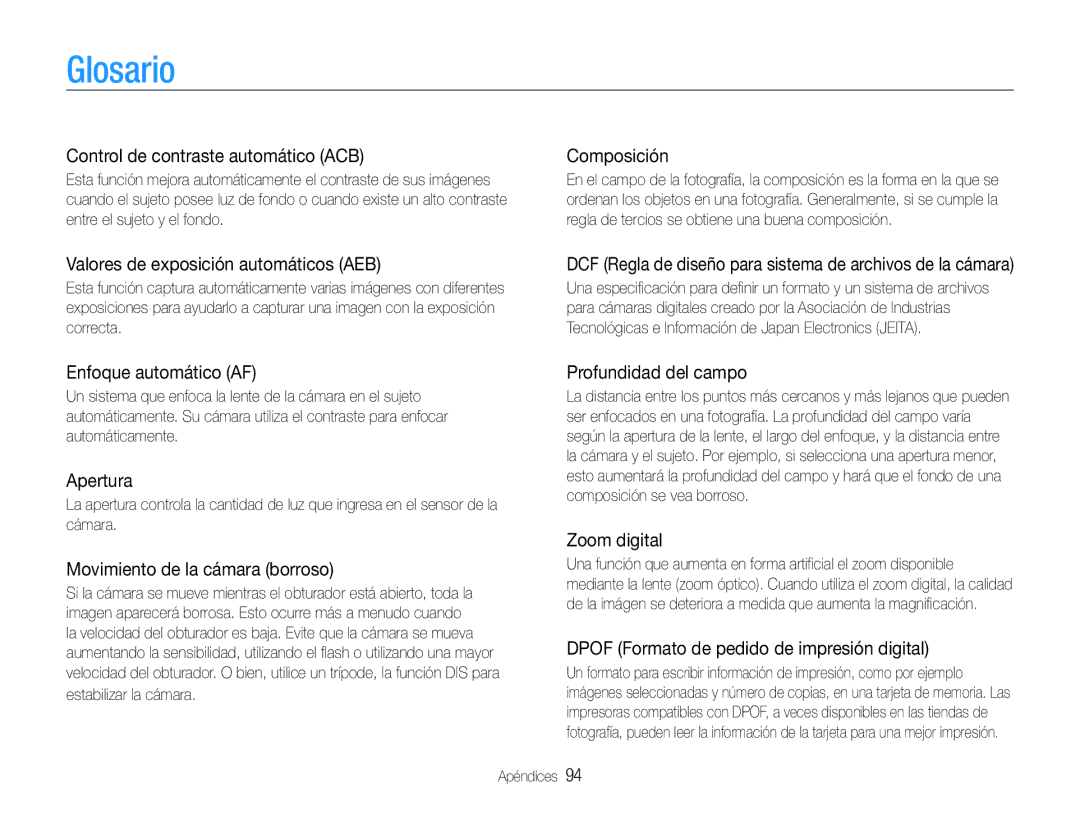 Samsung EC-ST30ZZBPBE1, EC-ST30ZZBPEE1, EC-ST30ZZBPPE1, EC-ST30ZZBPLE1 manual Glosario 