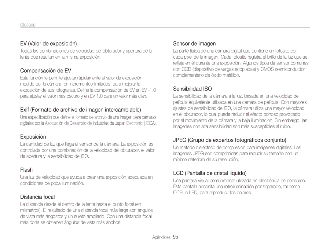 Samsung EC-ST30ZZBPEE1, EC-ST30ZZBPPE1, EC-ST30ZZBPLE1, EC-ST30ZZBPBE1 manual Glosario 