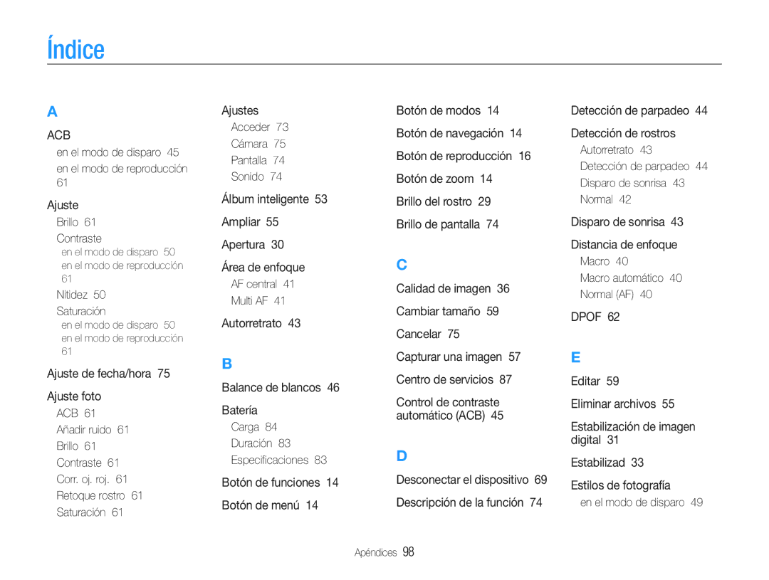 Samsung EC-ST30ZZBPBE1, EC-ST30ZZBPEE1, EC-ST30ZZBPPE1, EC-ST30ZZBPLE1 manual Índice 