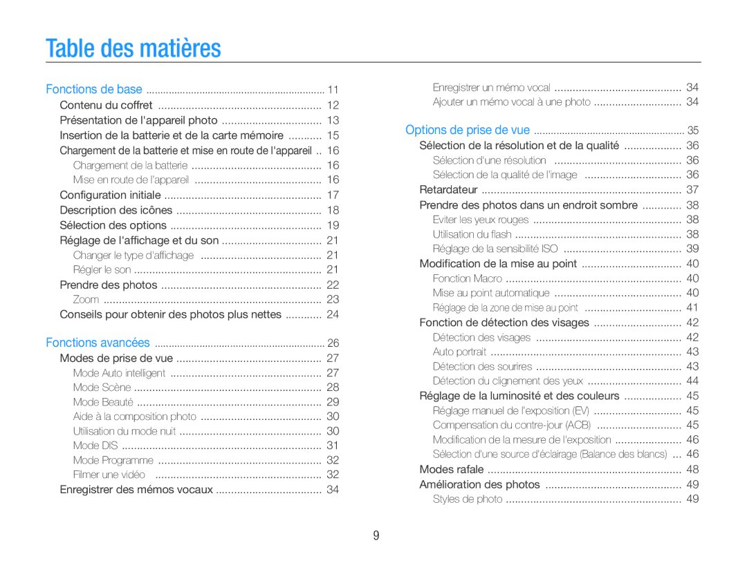 Samsung EC-ST30ZZDPBZA, EC-ST30ZZBPEE1, EC-ST30ZZBPPE1 Table des matières, Conseils pour obtenir des photos plus nettes 