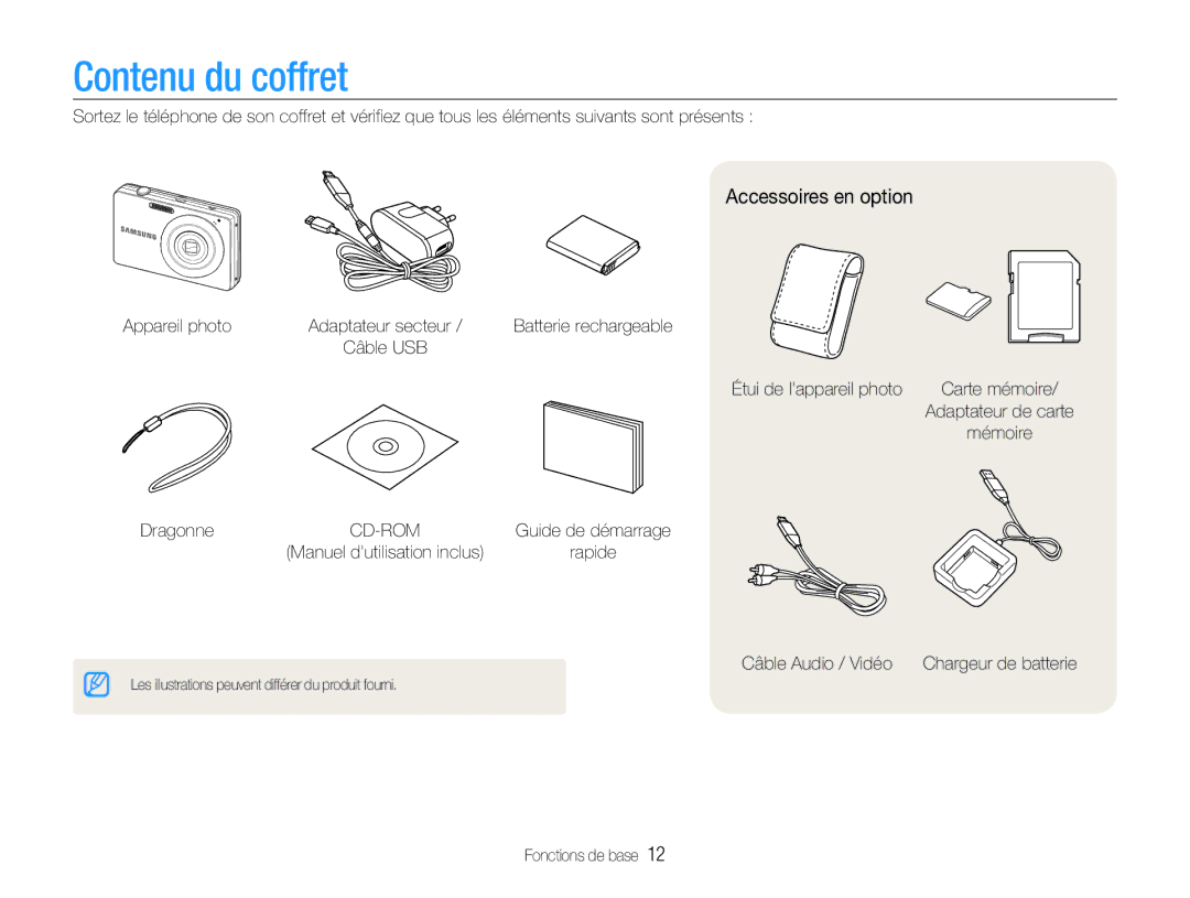 Samsung EC-ST30ZZBPBE1, EC-ST30ZZBPEE1, EC-ST30ZZBPPE1, EC-ST30ZZDPBZA manual Contenu du coffret, Accessoires en option 