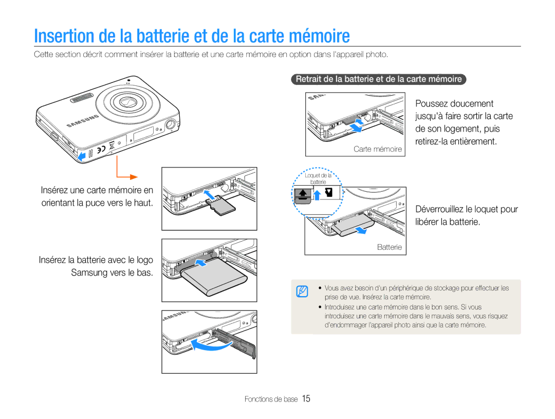 Samsung EC-ST30ZZBPEE1 Insertion de la batterie et de la carte mémoire, Libérer la batterie, Déverrouillez le loquet pour 