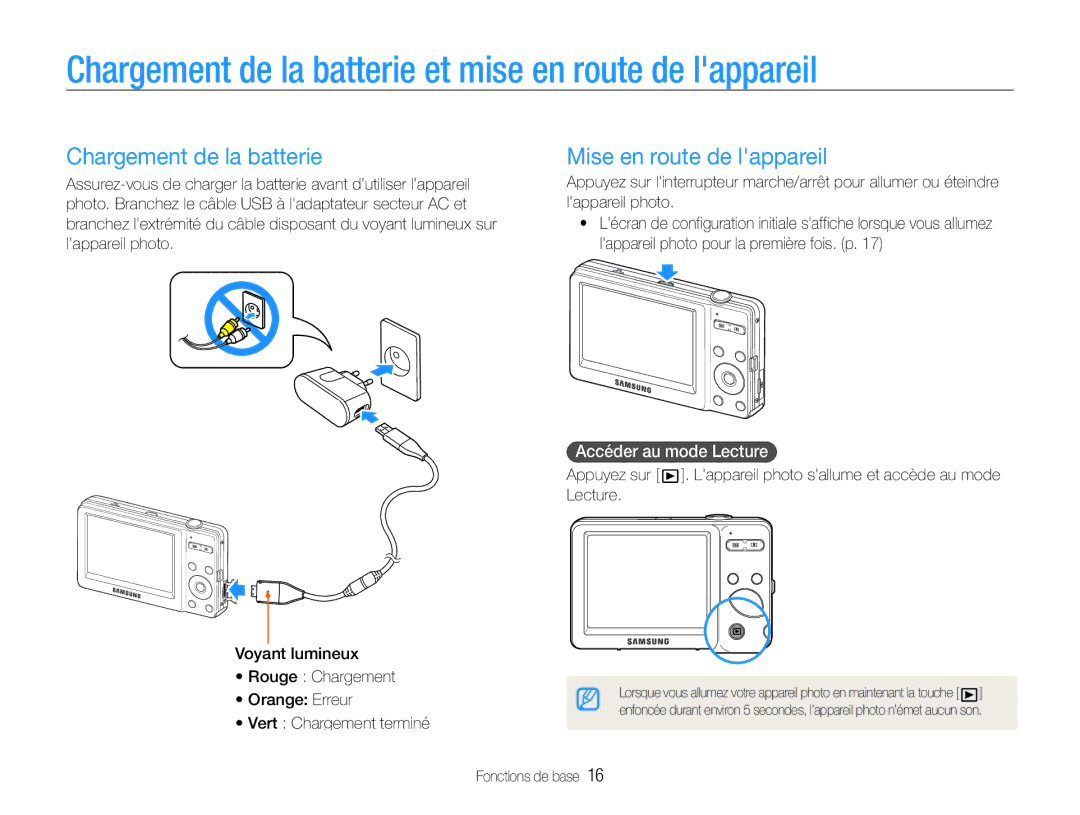 Samsung EC-ST30ZZBPPE1, EC-ST30ZZBPEE1 Chargement de la batterie et mise en route de lappareil, Mise en route de lappareil 