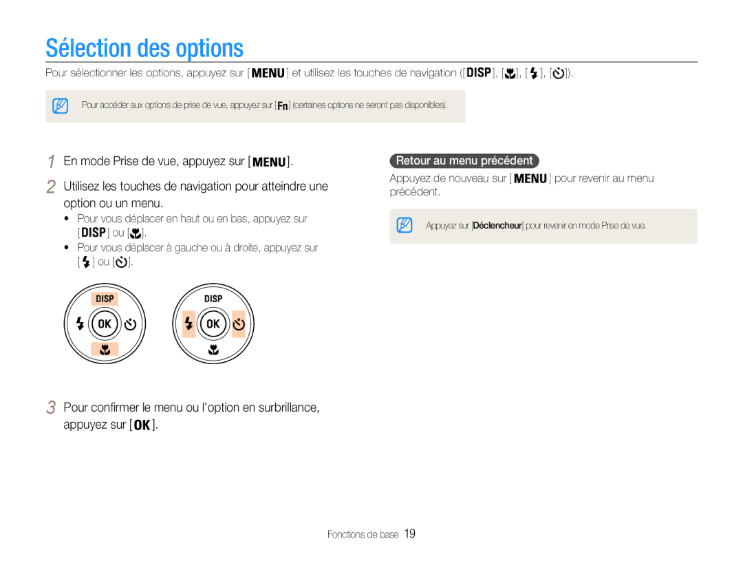 Samsung EC-ST30ZZDPPZA manual Sélection des options, Option ou un menu, Pour confirmer le menu ou loption en surbrillance 