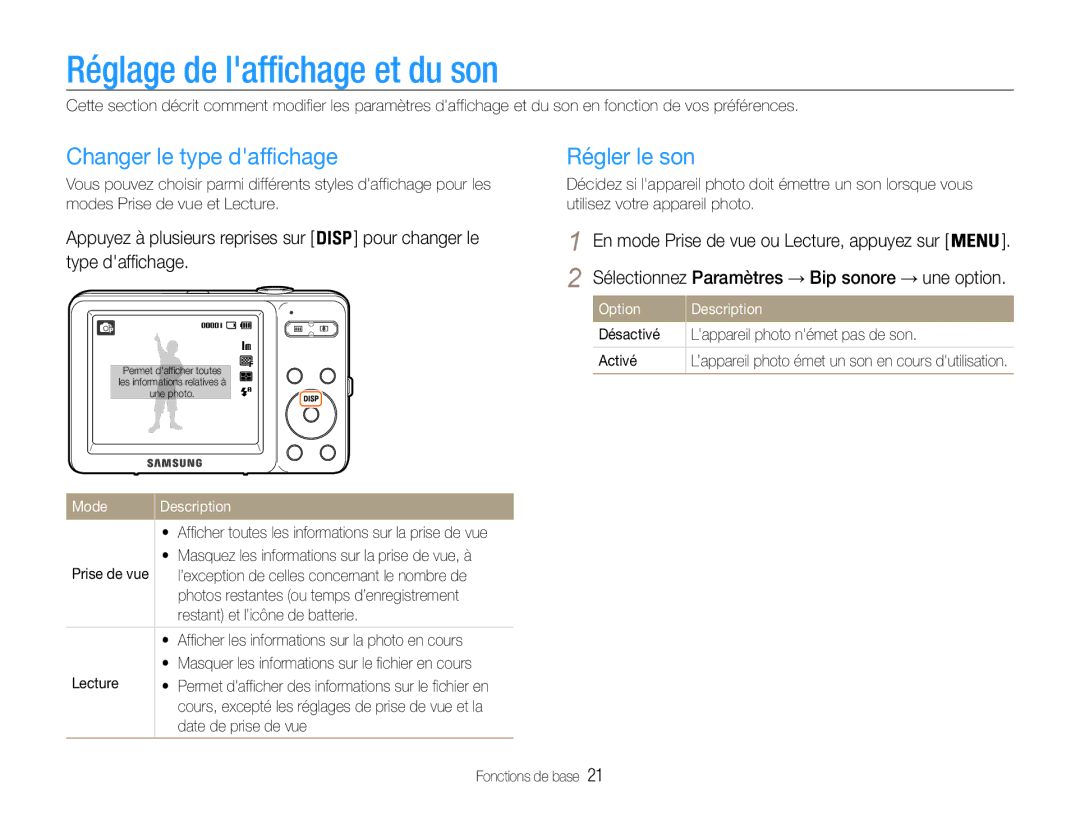 Samsung EC-ST30ZZDPSZA Réglage de laffichage et du son, Changer le type daffichage, Régler le son, Option Description 