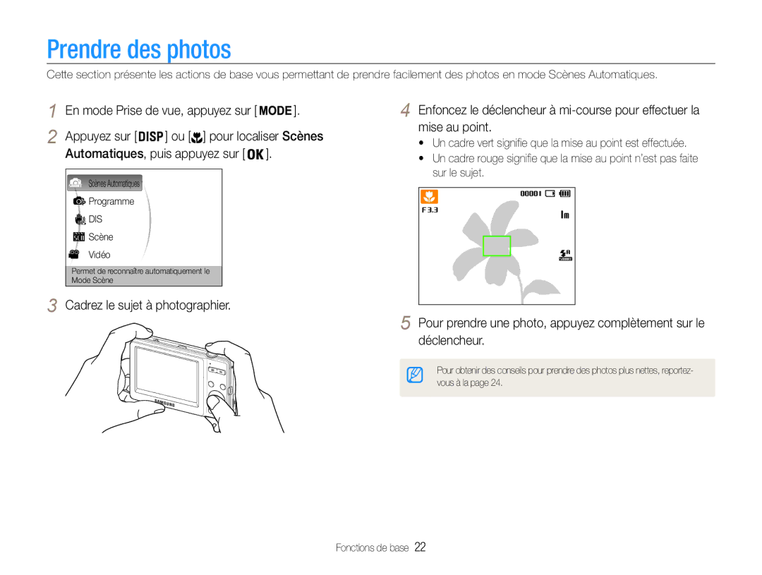 Samsung EC-ST30ZZBPSE1, EC-ST30ZZBPEE1 manual Prendre des photos, Ou pour localiser Scènes, Automatiques, puis appuyez sur 