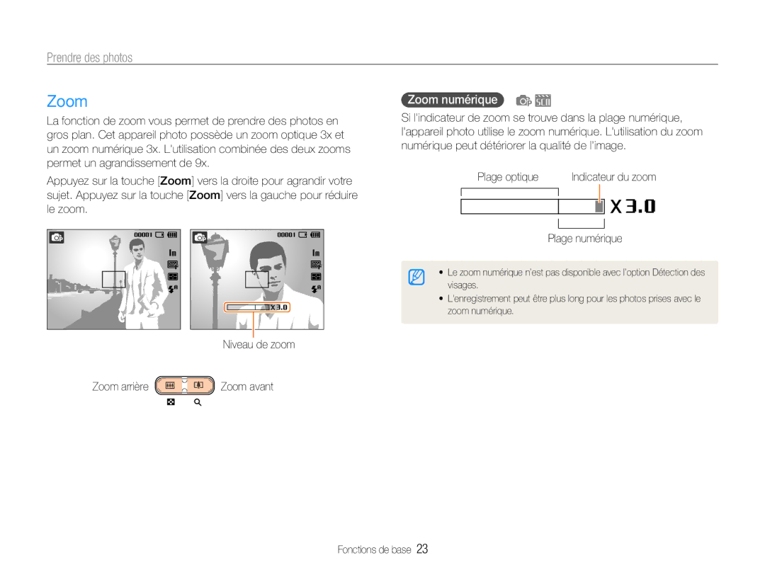 Samsung EC-ST30ZZBPEE1, EC-ST30ZZBPPE1, EC-ST30ZZDPBZA manual Prendre des photos, Zoom numérique, Plage numérique 