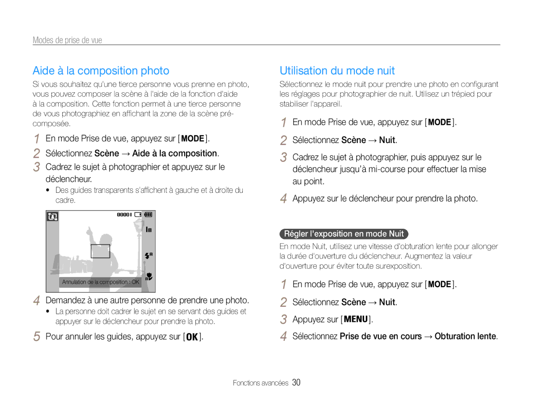 Samsung EC-ST30ZZBPSE1, EC-ST30ZZBPEE1, EC-ST30ZZBPPE1, EC-ST30ZZDPBZA Aide à la composition photo, Utilisation du mode nuit 