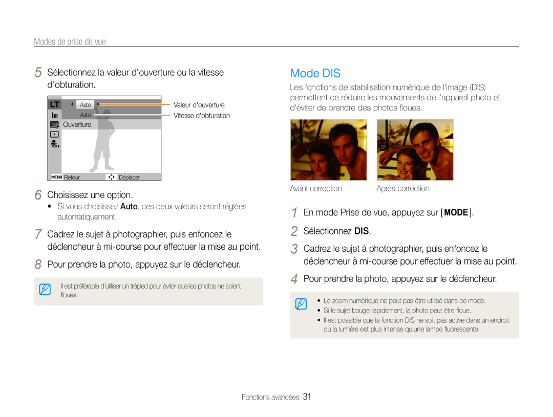 Samsung EC-ST30ZZBPEE1 manual Mode DIS, Sélectionnez la valeur douverture ou la vitesse dobturation, Choisissez une option 