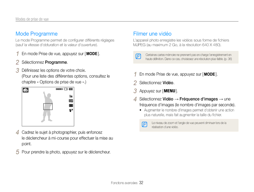 Samsung EC-ST30ZZBPPE1, EC-ST30ZZBPEE1, EC-ST30ZZDPBZA Mode Programme, Filmer une vidéo, En mode Prise de vue, appuyez sur 