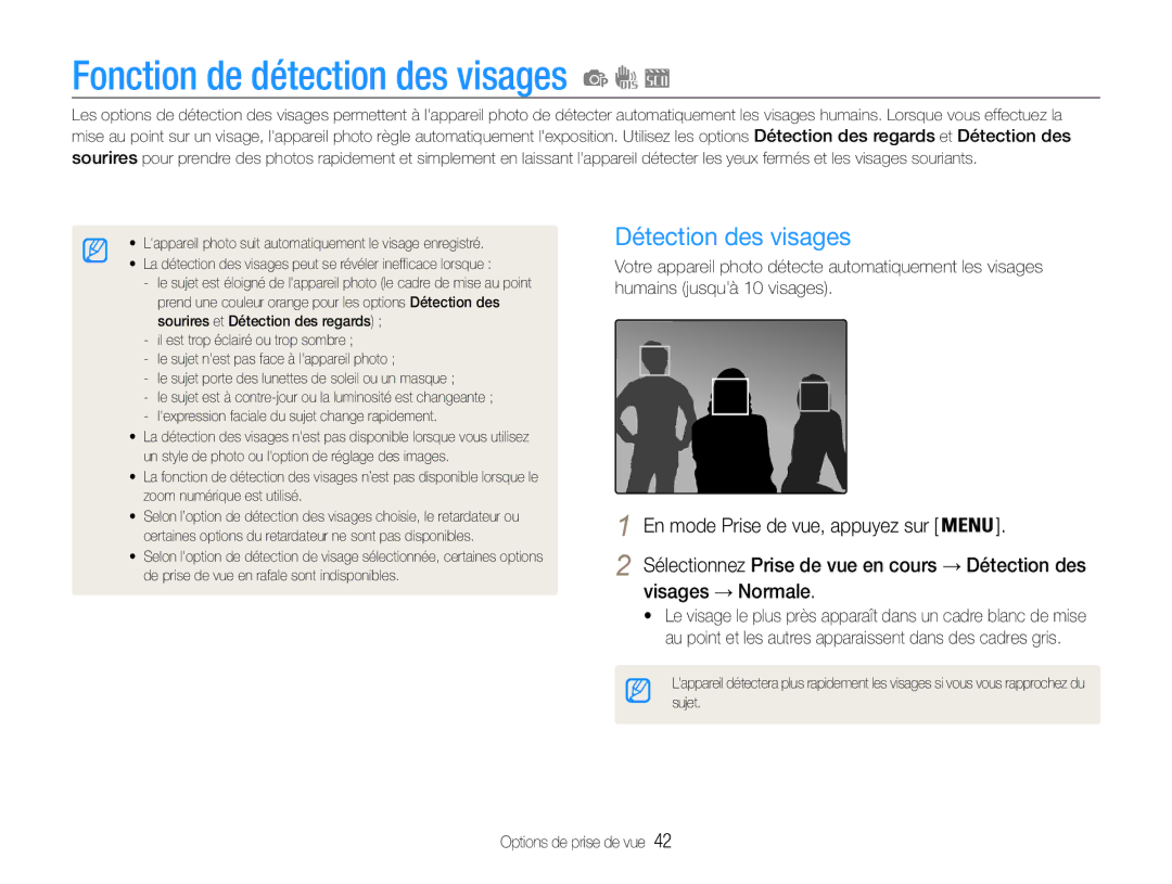 Samsung EC-ST30ZZBPLE1, EC-ST30ZZBPEE1 manual Fonction de détection des visages, Détection des visages, Visages → Normale 