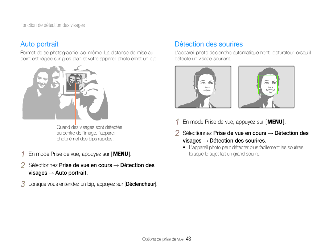 Samsung EC-ST30ZZDPPZA manual Détection des sourires, Fonction de détection des visages, Visages → Auto portrait 