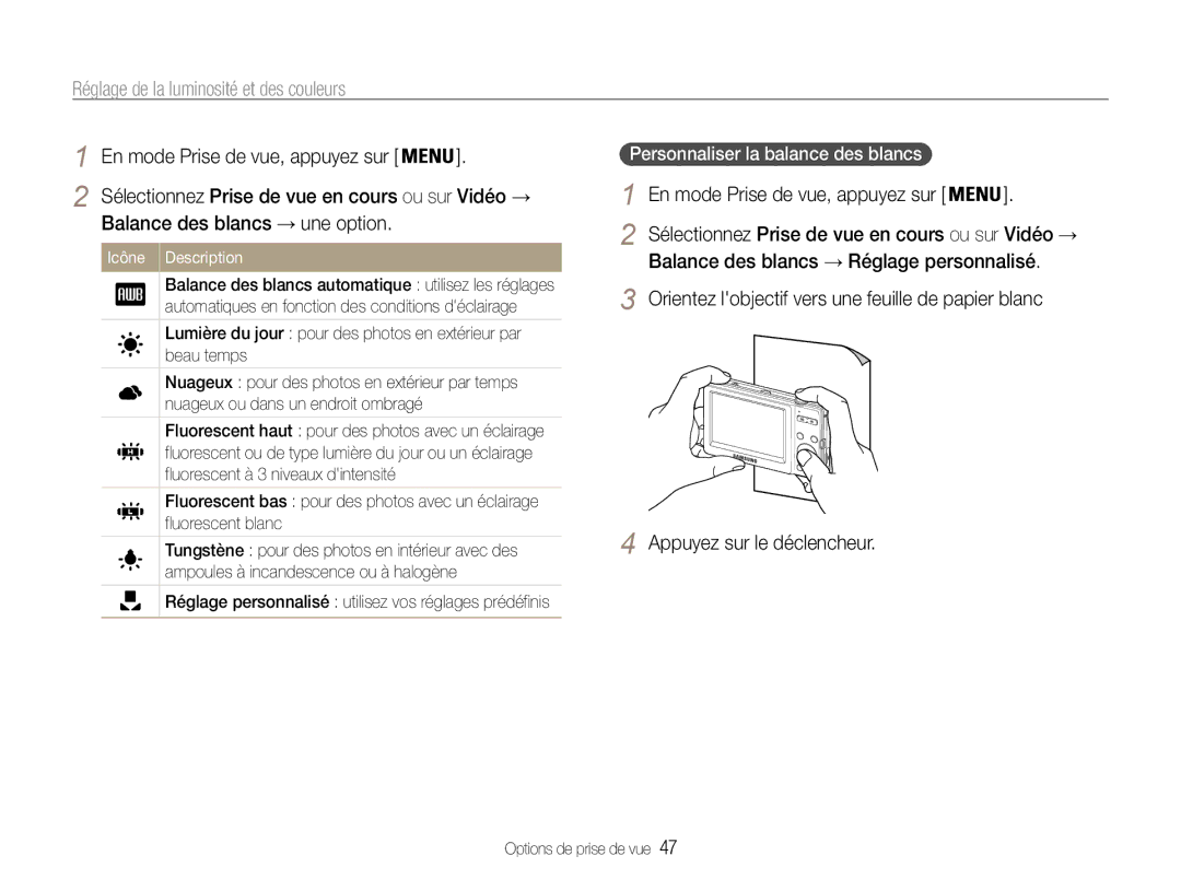 Samsung EC-ST30ZZBPEE1, EC-ST30ZZBPPE1 manual Balance des blancs → une option, Balance des blancs → Réglage personnalisé 