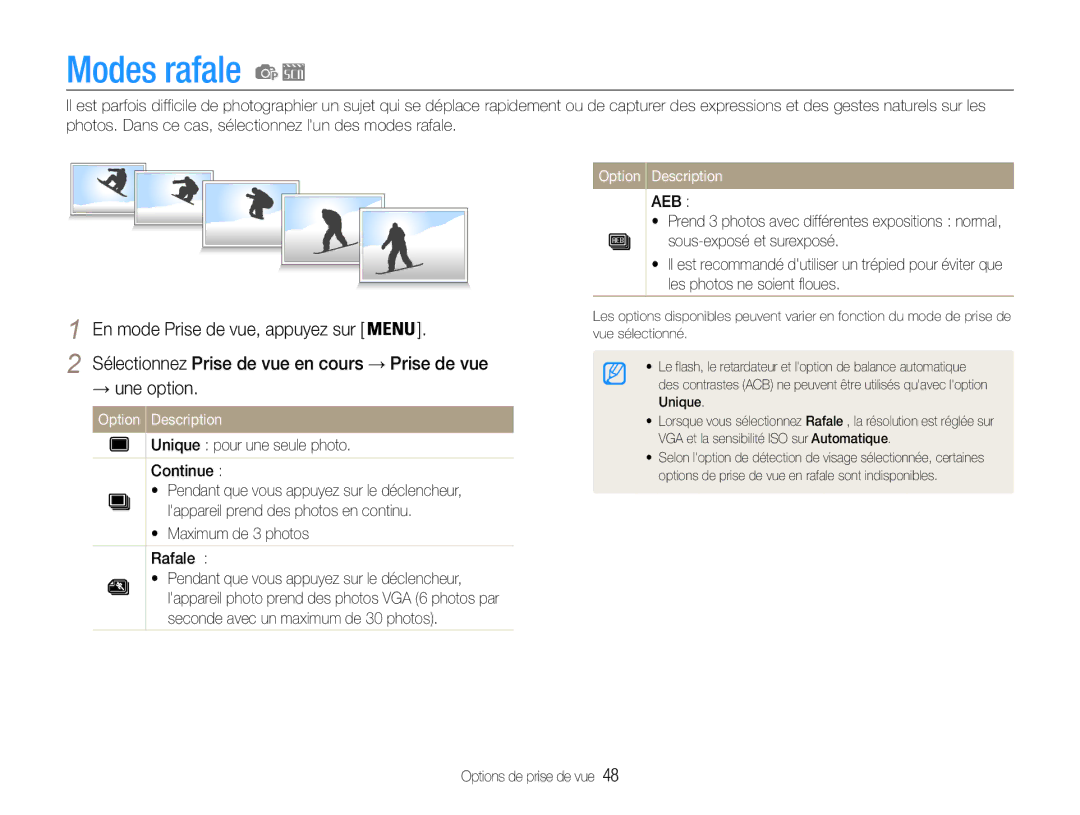 Samsung EC-ST30ZZBPPE1, EC-ST30ZZBPEE1, EC-ST30ZZDPBZA, EC-ST30ZZBPLE1, EC-ST30ZZDPPZA manual Modes rafale, → une option 