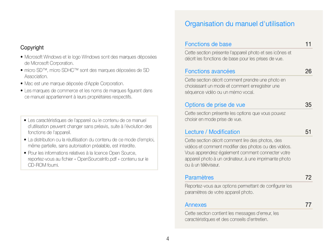 Samsung EC-ST30ZZBPBE1, EC-ST30ZZBPEE1, EC-ST30ZZBPPE1, EC-ST30ZZDPBZA manual Organisation du manuel dutilisation, Copyright 