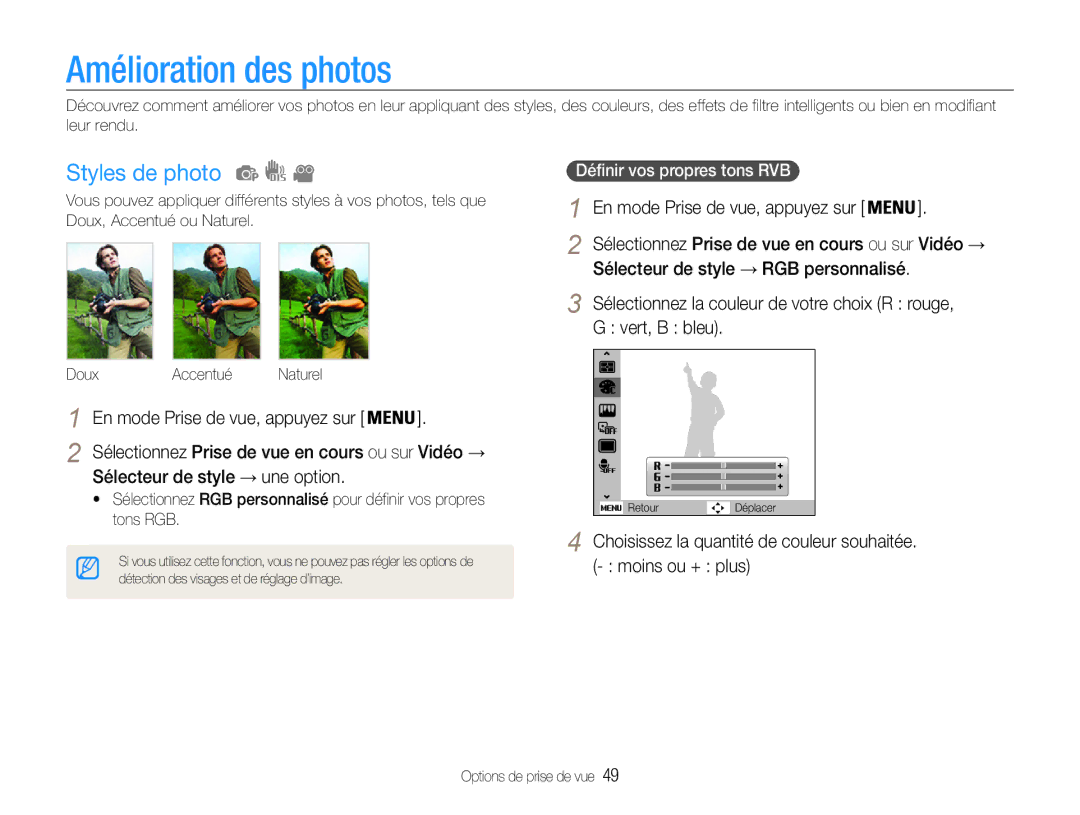Samsung EC-ST30ZZDPBZA, EC-ST30ZZBPEE1 manual Amélioration des photos, Styles de photo, Sélecteur de style → une option 