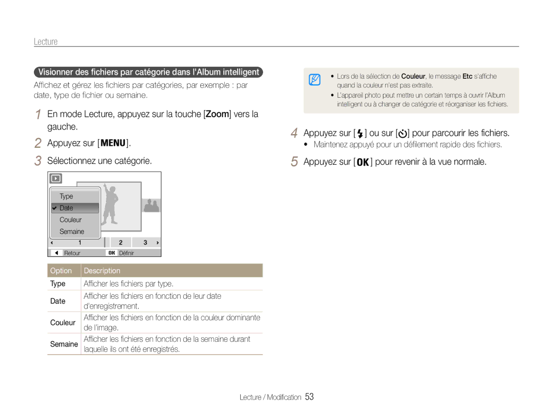 Samsung EC-ST30ZZDPSZA, EC-ST30ZZBPEE1, EC-ST30ZZBPPE1, EC-ST30ZZDPBZA manual Lecture, Sélectionnez une catégorie, De limage 