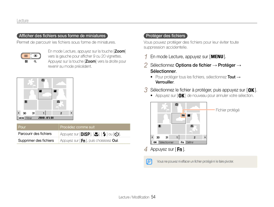 Samsung EC-ST30ZZBPSE1, EC-ST30ZZBPEE1 Sélectionner, Afficher des fichiers sous forme de miniatures, Protéger des fichiers 