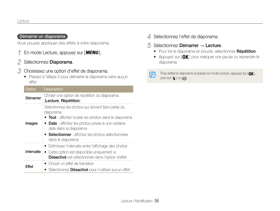 Samsung EC-ST30ZZBPPE1, EC-ST30ZZBPEE1, EC-ST30ZZDPBZA, EC-ST30ZZBPLE1, EC-ST30ZZDPPZA, EC-ST30ZZBPBE1 Démarrer un diaporama 