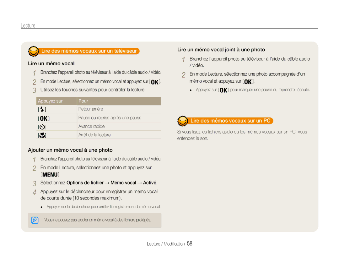 Samsung EC-ST30ZZBPLE1 manual Lire des mémos vocaux sur un téléviseur, Lire des mémos vocaux sur un PC, Lire un mémo vocal 