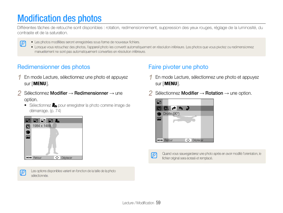 Samsung EC-ST30ZZDPPZA, EC-ST30ZZBPEE1 manual Modification des photos, Redimensionner des photos, Faire pivoter une photo 