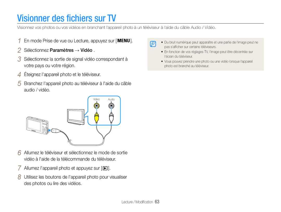 Samsung EC-ST30ZZBPEE1, EC-ST30ZZBPPE1 manual Visionner des fichiers sur TV, Allumez lappareil photo et appuyez sur 