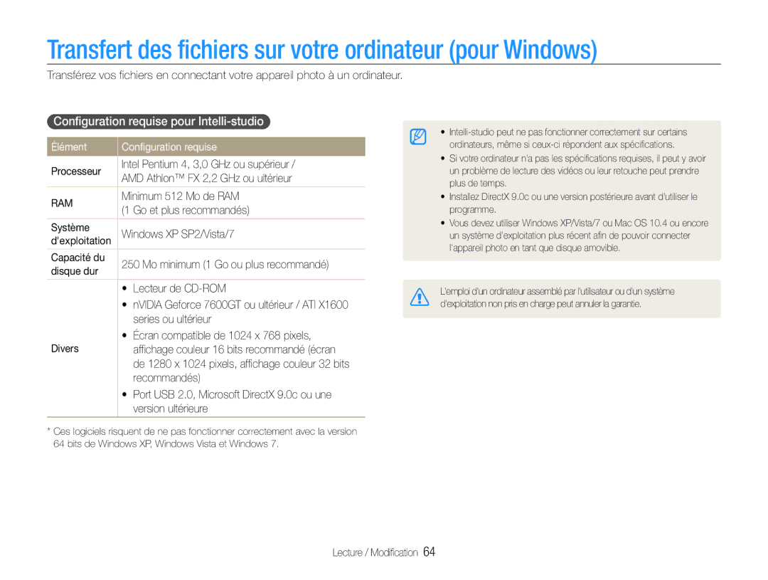 Samsung EC-ST30ZZBPPE1 Transfert des fichiers sur votre ordinateur pour Windows, Configuration requise pour Intelli-studio 