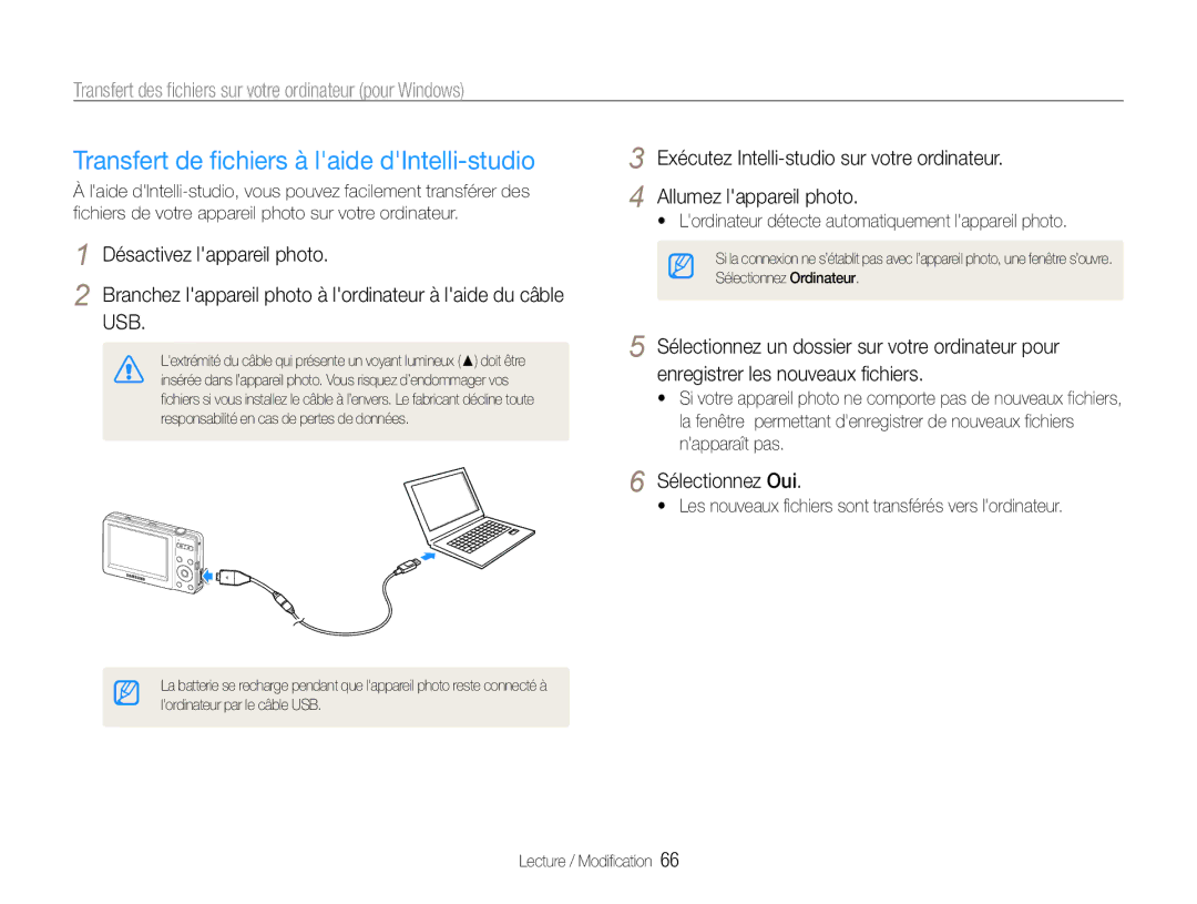 Samsung EC-ST30ZZBPLE1 Transfert de fichiers à laide dIntelli-studio, Lordinateur détecte automatiquement lappareil photo 