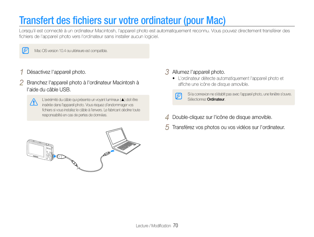 Samsung EC-ST30ZZBPSE1, EC-ST30ZZBPEE1, EC-ST30ZZBPPE1, EC-ST30ZZDPBZA Transfert des fichiers sur votre ordinateur pour Mac 