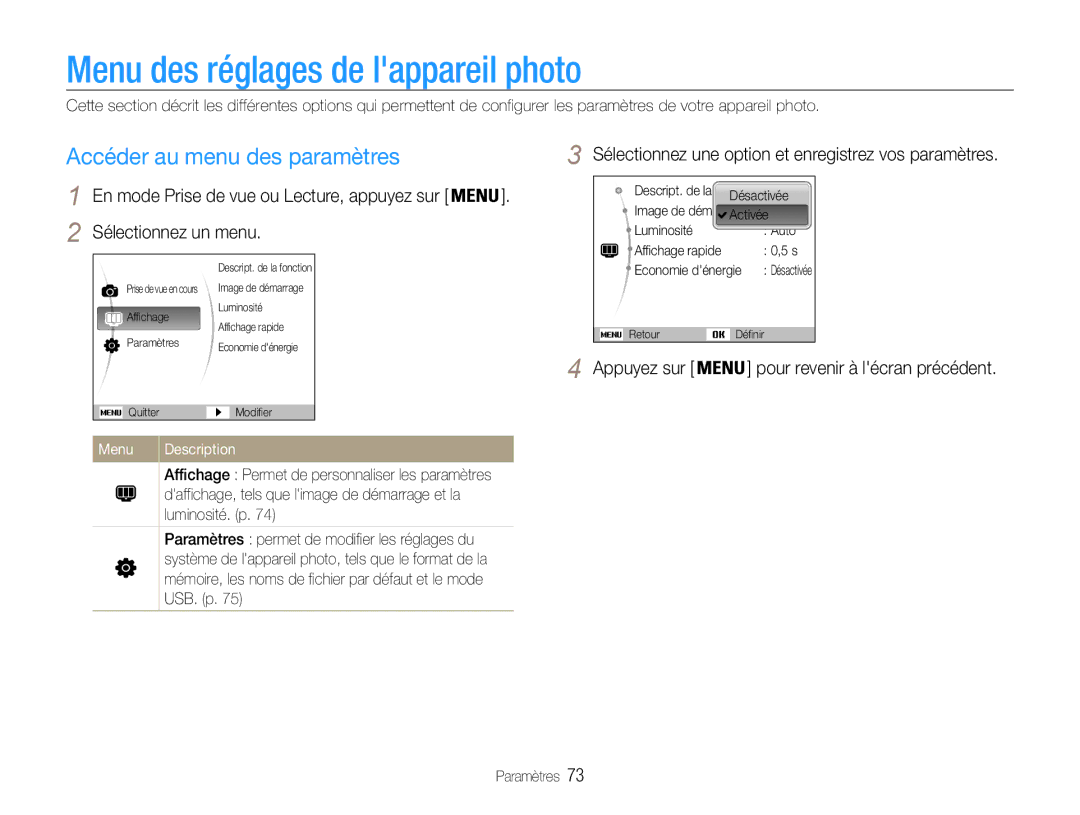 Samsung EC-ST30ZZDPBZA manual Menu des réglages de lappareil photo, Accéder au menu des paramètres, Sélectionnez un menu 