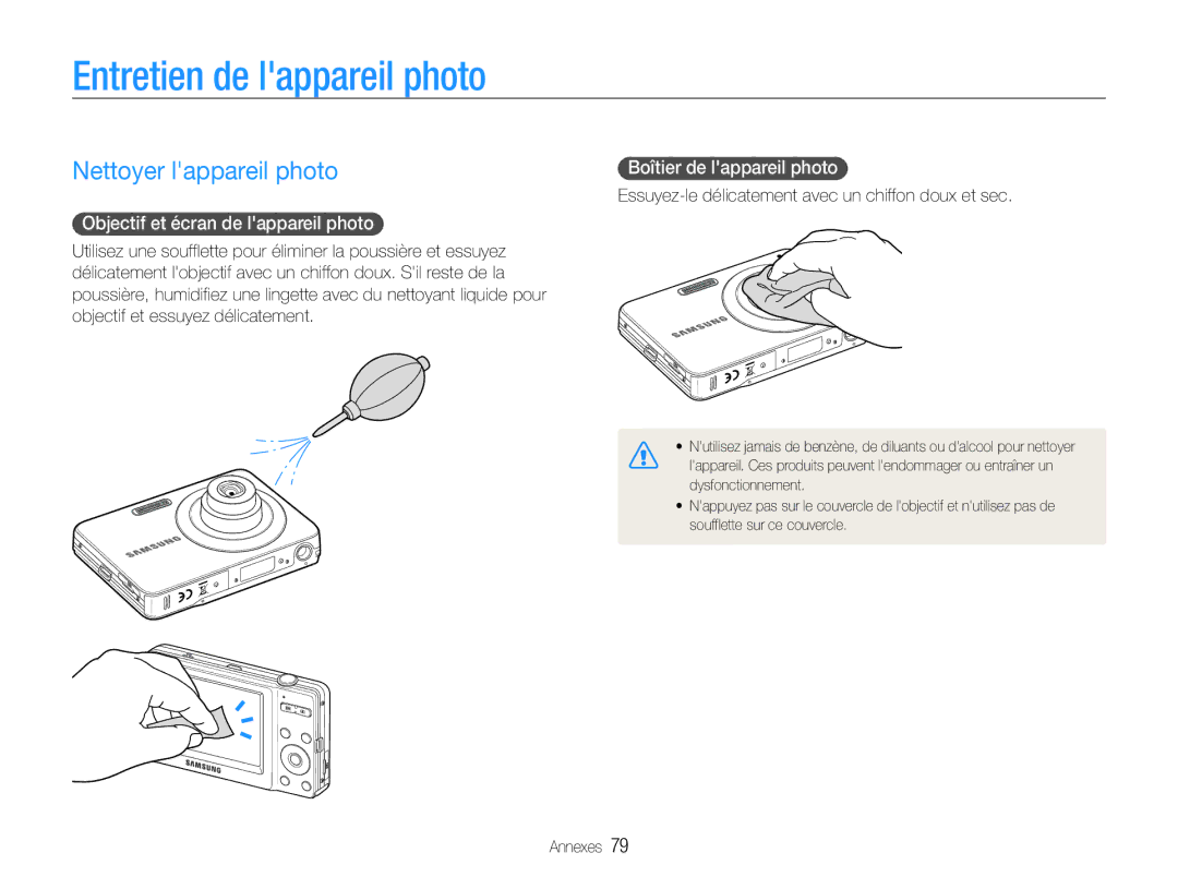 Samsung EC-ST30ZZBPEE1 manual Entretien de lappareil photo, Nettoyer lappareil photo, Objectif et écran de lappareil photo 