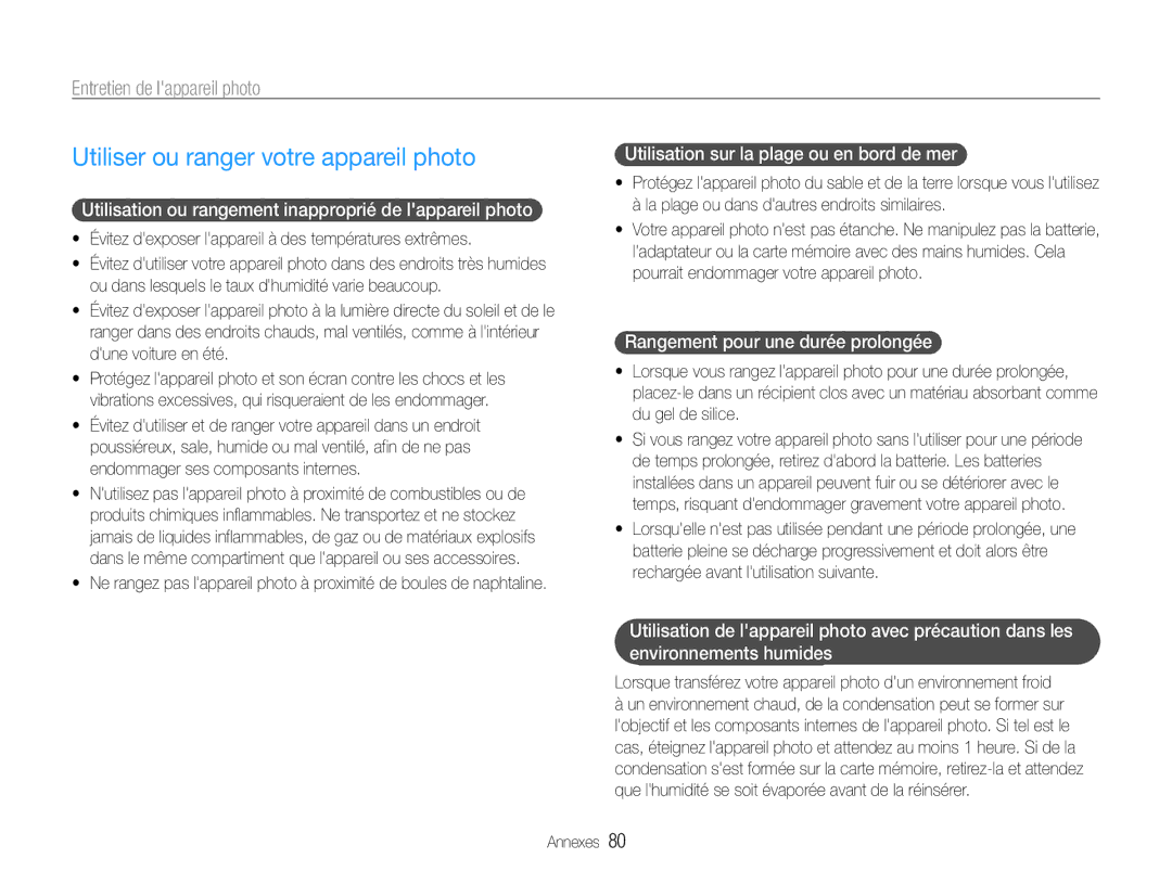 Samsung EC-ST30ZZBPPE1, EC-ST30ZZBPEE1 manual Utiliser ou ranger votre appareil photo, Entretien de lappareil photo 