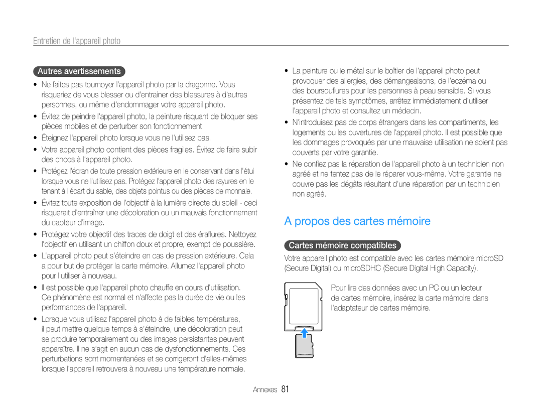 Samsung EC-ST30ZZDPBZA, EC-ST30ZZBPEE1 manual Propos des cartes mémoire, Autres avertissements, Cartes mémoire compatibles 