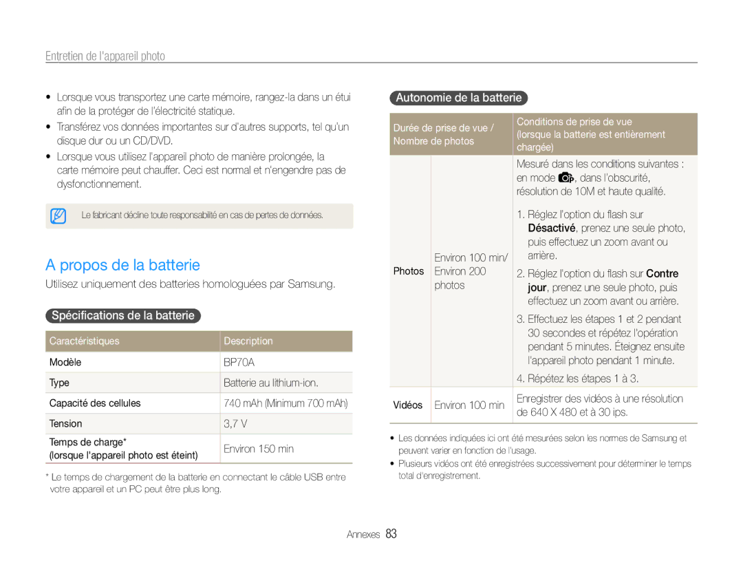 Samsung EC-ST30ZZDPPZA, EC-ST30ZZBPEE1 manual Propos de la batterie, Spécifications de la batterie, Autonomie de la batterie 