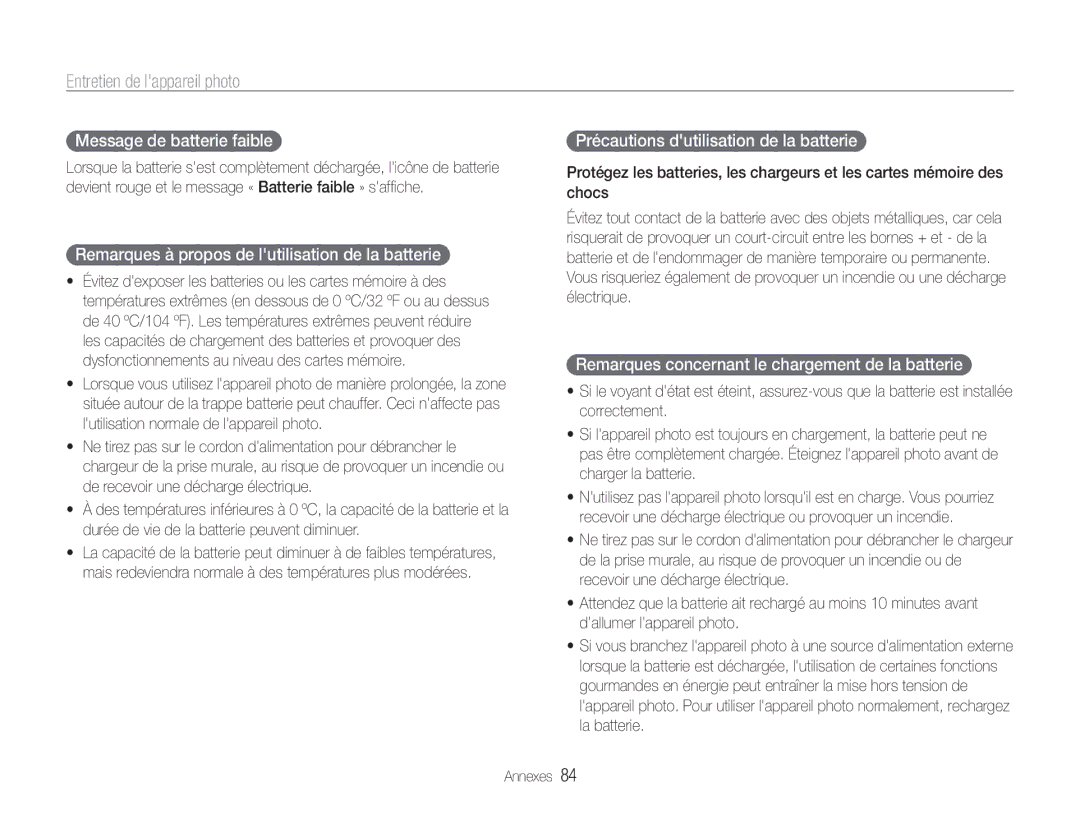 Samsung EC-ST30ZZBPBE1, EC-ST30ZZBPEE1 manual Message de batterie faible, Remarques à propos de lutilisation de la batterie 