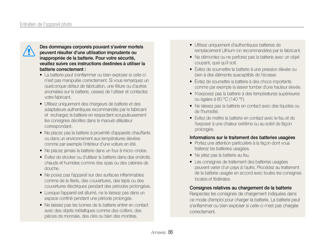 Samsung EC-ST30ZZBPSE1, EC-ST30ZZBPEE1, EC-ST30ZZBPPE1, EC-ST30ZZDPBZA, EC-ST30ZZBPLE1 manual Entretien de lappareil photo 