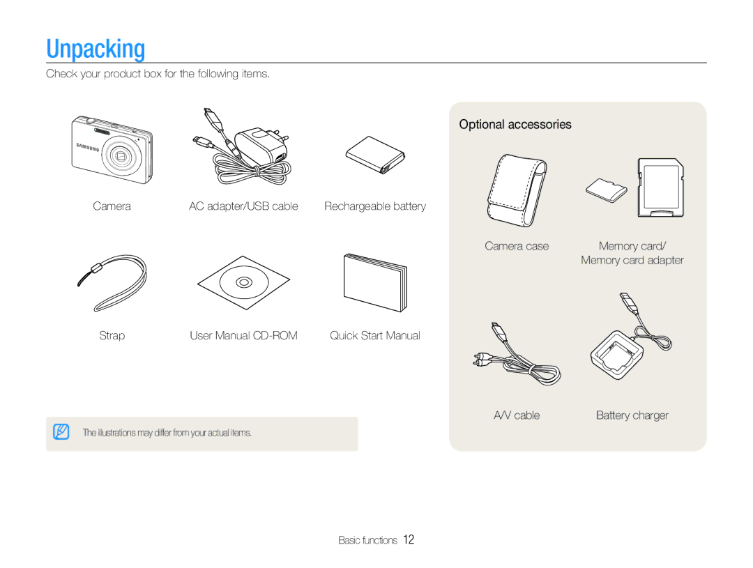 Samsung EC-ST30ZZBPBE3, EC-ST30ZZBPEE1, EC-ST30ZZBPPE1, EC-ST30ZZDPBZA, EC-ST30ZZBPLE1 manual Unpacking, Optional accessories 