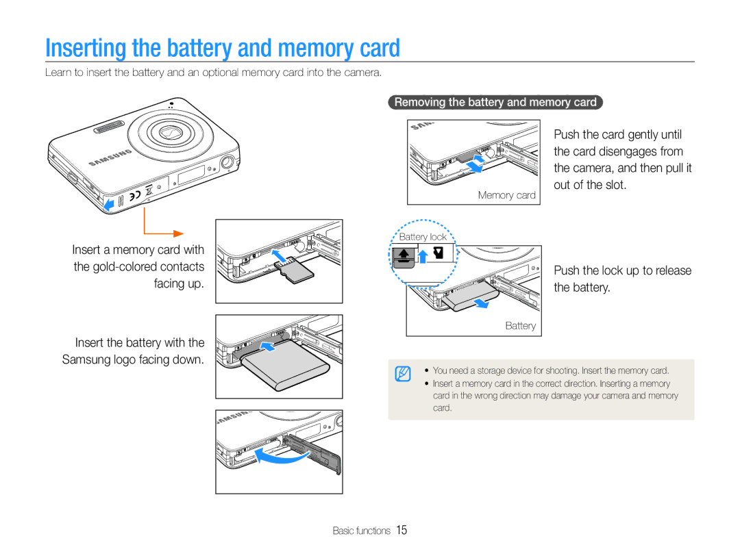 Samsung EC-ST30ZZBPPE2, EC-ST30ZZBPEE1 manual Inserting the battery and memory card, Removing the battery and memory card 