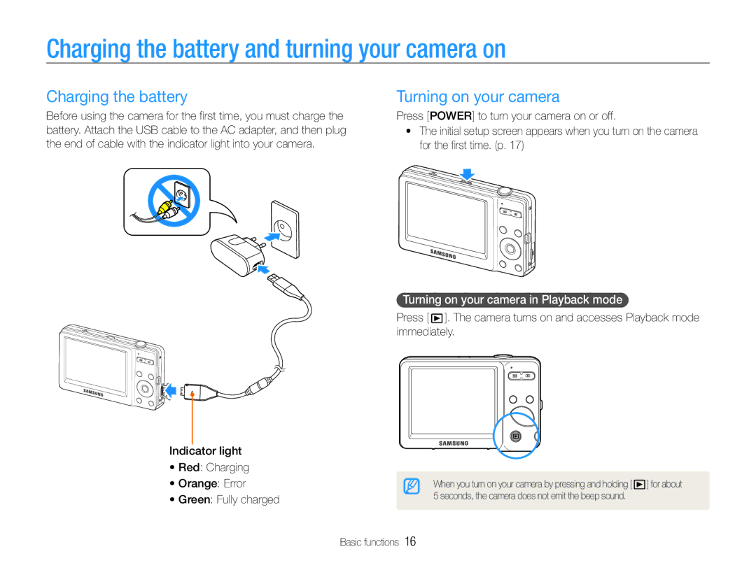 Samsung EC-ST30ZZBPBE2, EC-ST30ZZBPEE1 manual Charging the battery and turning your camera on, Turning on your camera 