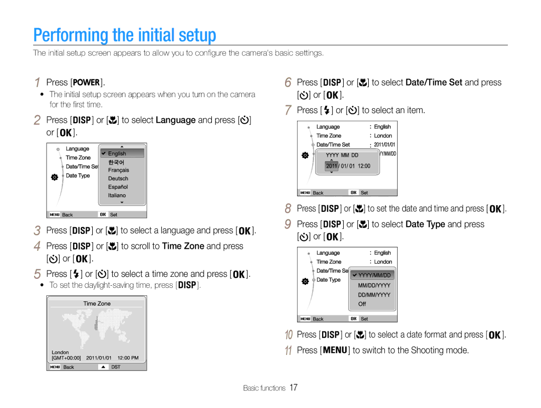 Samsung EC-ST30ZZBPLE2, EC-ST30ZZBPEE1 manual Performing the initial setup, Press Or to select Date/Time Set and press 