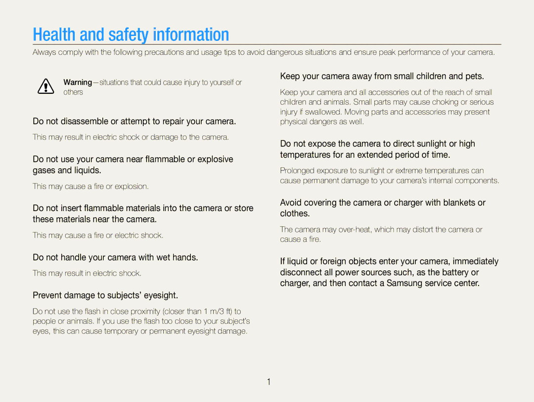 Samsung EC-ST30ZZDPBZA, EC-ST30ZZBPEE1 Health and safety information, Do not disassemble or attempt to repair your camera 