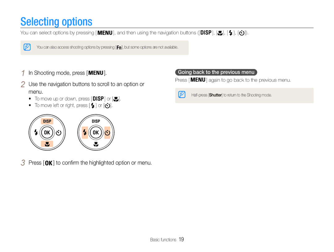 Samsung EC-ST30ZZBPSE2, EC-ST30ZZBPEE1 manual Selecting options, Shooting mode, press, Menu, Going back to the previous menu 