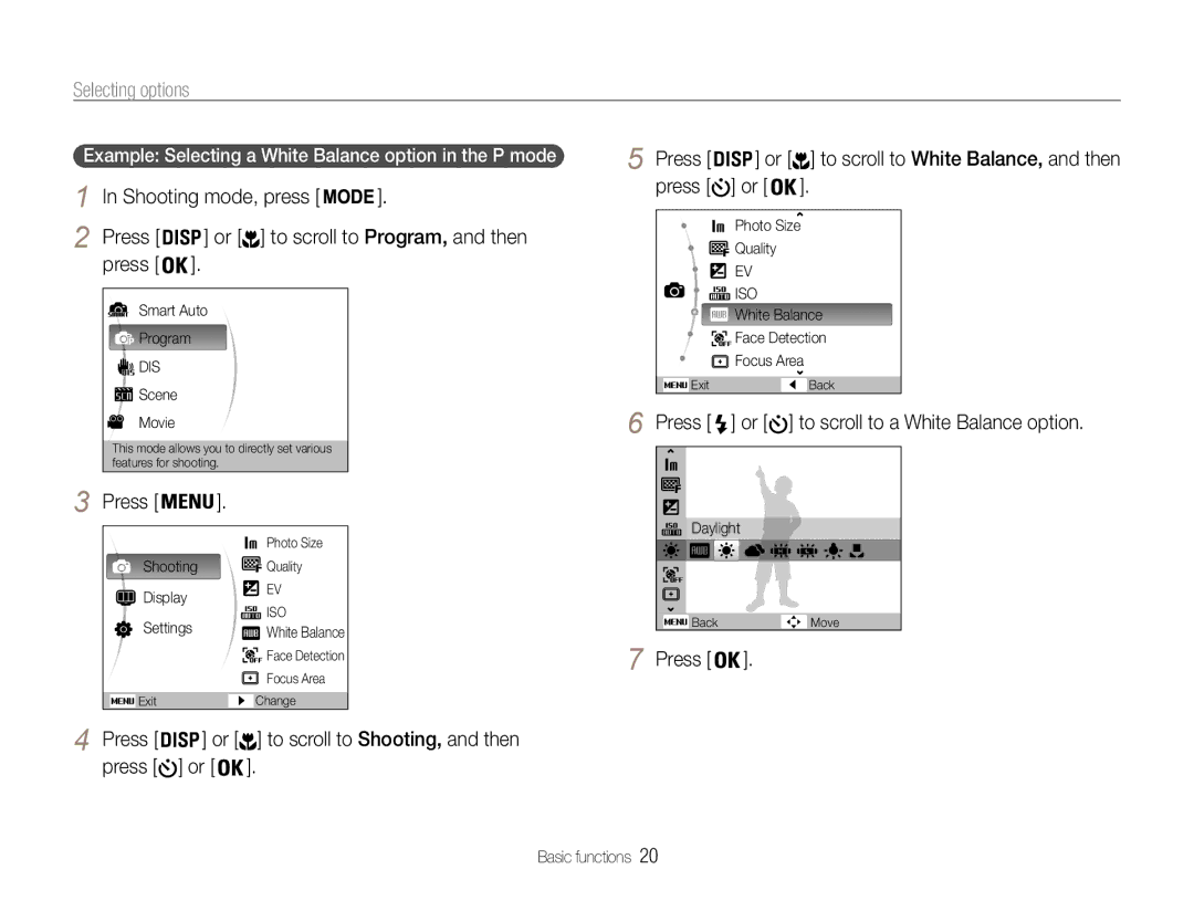 Samsung EC-ST30ZZBPRRU Selecting options, Press or to scroll to a White Balance option, To scroll to Shooting, and then 