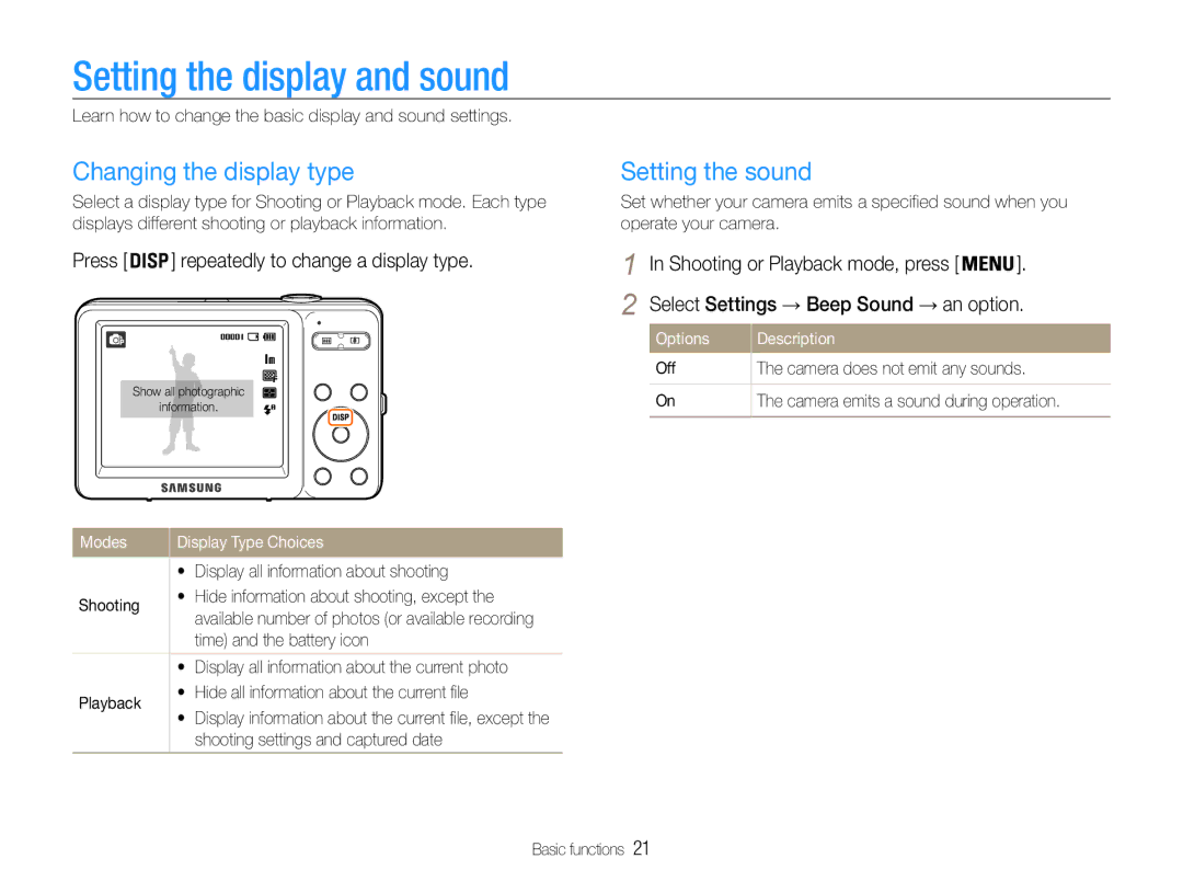 Samsung EC-ST30ZZBPBRU, EC-ST30ZZBPEE1 manual Setting the display and sound, Changing the display type, Setting the sound 