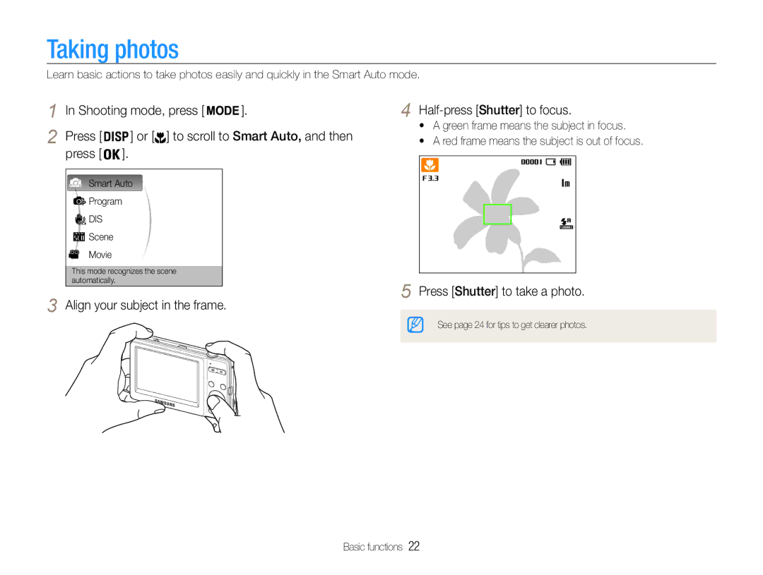 Samsung EC-ST30ZZBPPRU, EC-ST30ZZBPEE1 manual Taking photos, Align your subject in the frame Half-press Shutter to focus 