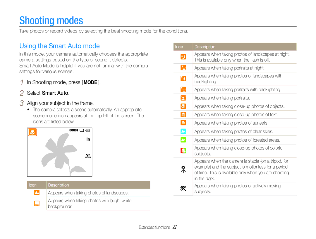 Samsung EC-ST30ZZBPSIL, EC-ST30ZZBPEE1 Shooting modes, Using the Smart Auto mode, Shooting mode, press Select Smart Auto 