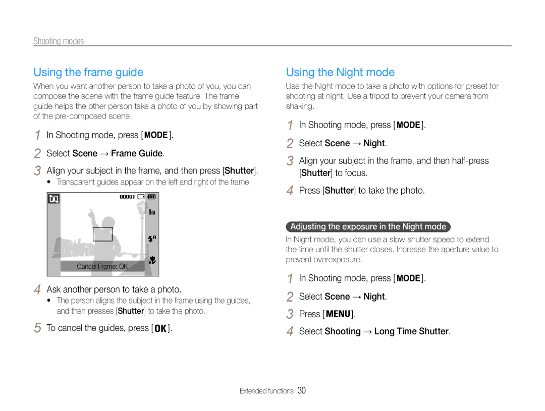 Samsung EC-ST30ZZDPBZA, EC-ST30ZZBPEE1, EC-ST30ZZBPPE1, EC-ST30ZZBPLE1 manual Using the frame guide, Using the Night mode 