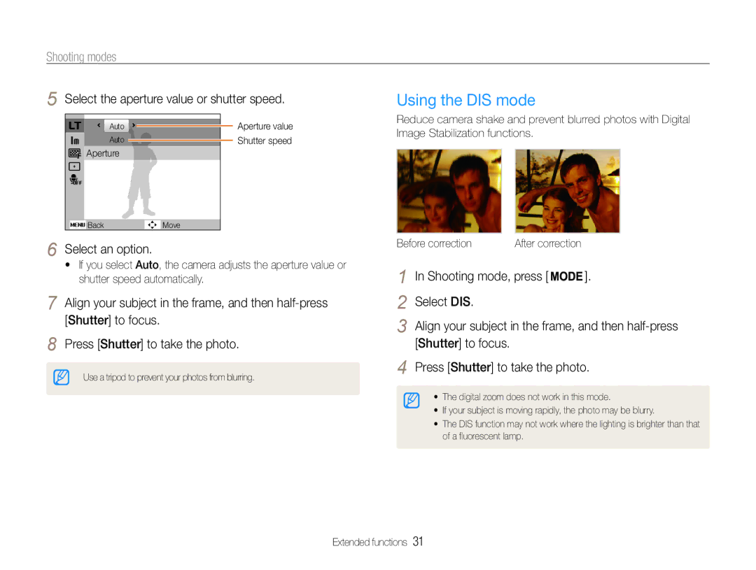 Samsung EC-ST30ZZBPLE1 Using the DIS mode, Select the aperture value or shutter speed, Select an option, Shutter to focus 